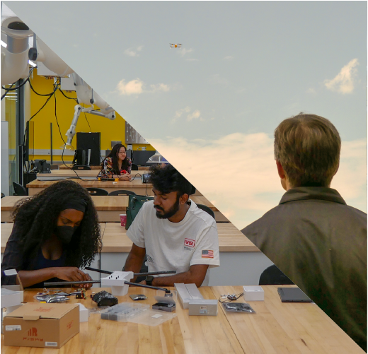 Two short course participants build drone on left, one short course participant flies drone on right