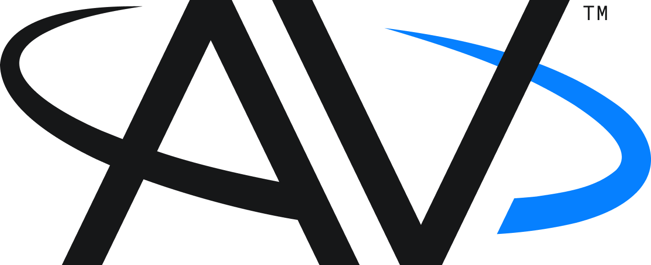 AV logo, AV is in black font with a blue accent mark