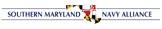 SMNA logo, Southern Maryland Navy Alliance is in dark font surrounding an outline of the state of Maryland